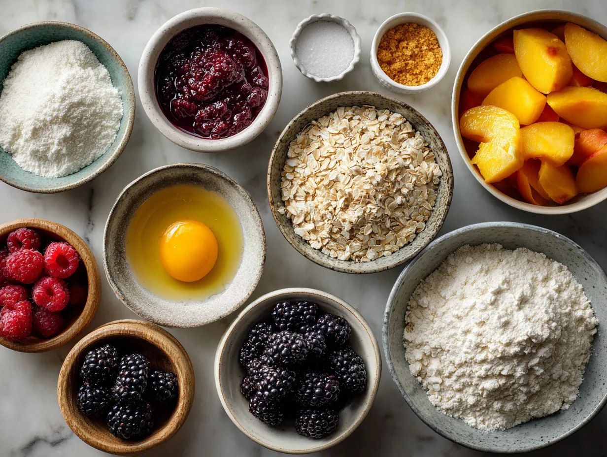 Ingredients for Southern Peach and Blackberry Cobbler displayed in bowls and measuring cups
