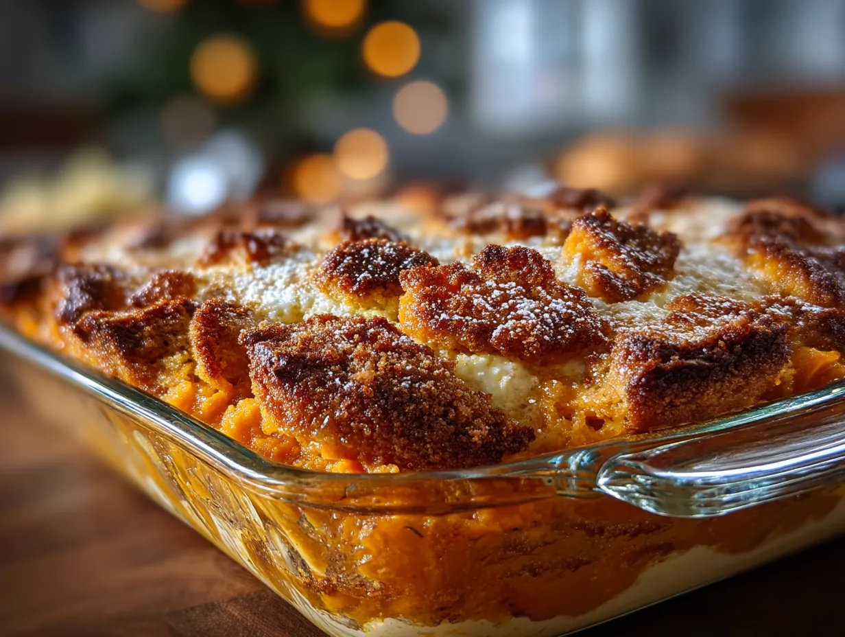 Southern Style Sweet Potato Casserole served warm and garnished with pecans