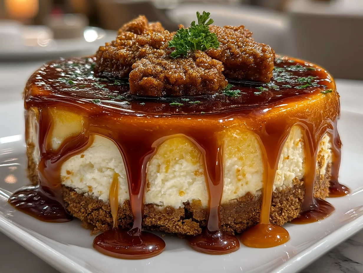 Delicious served Spiced Gingerbread Cheesecake with Caramel Glaze ready to eat