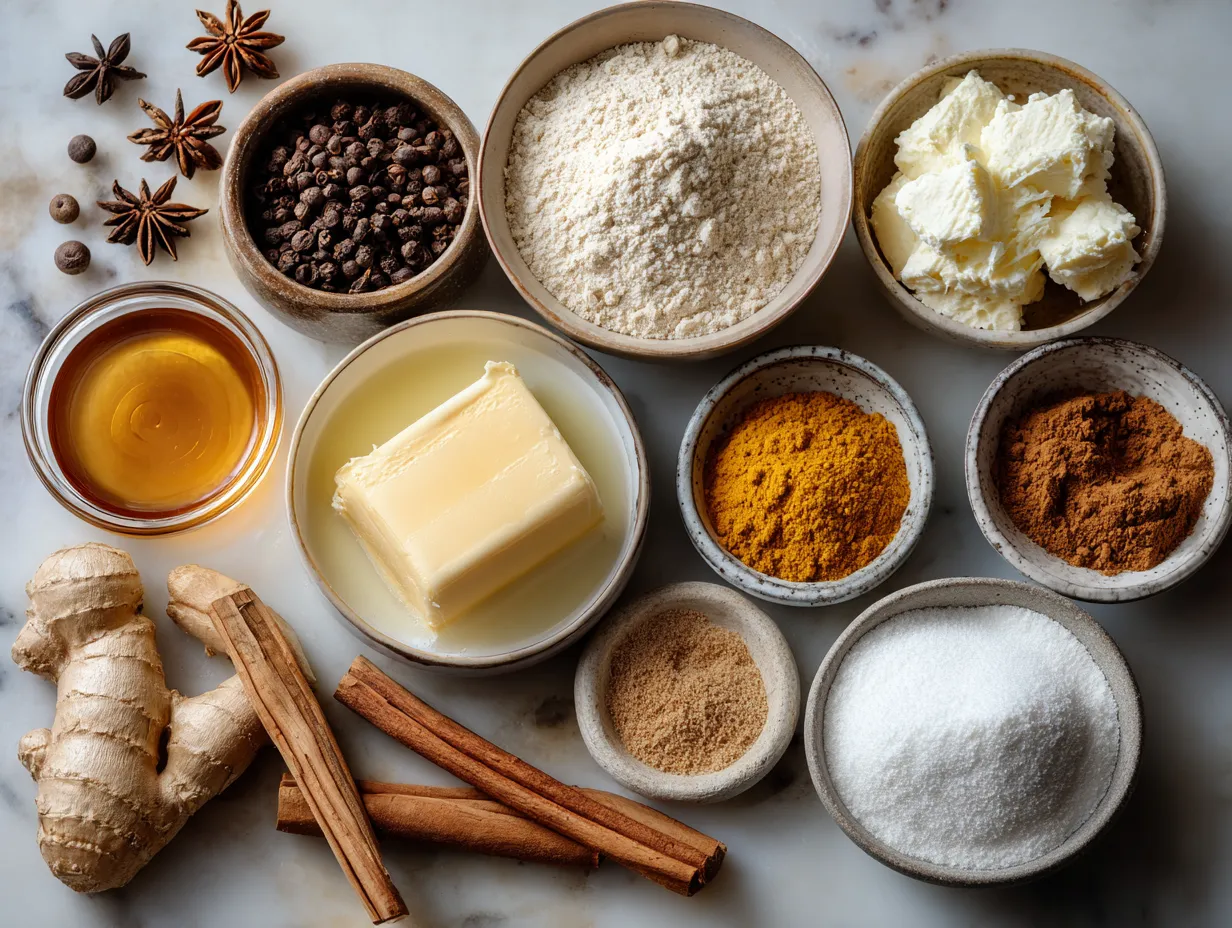 Ingredients for Spiced Gingerbread Cheesecake with Caramel Glaze