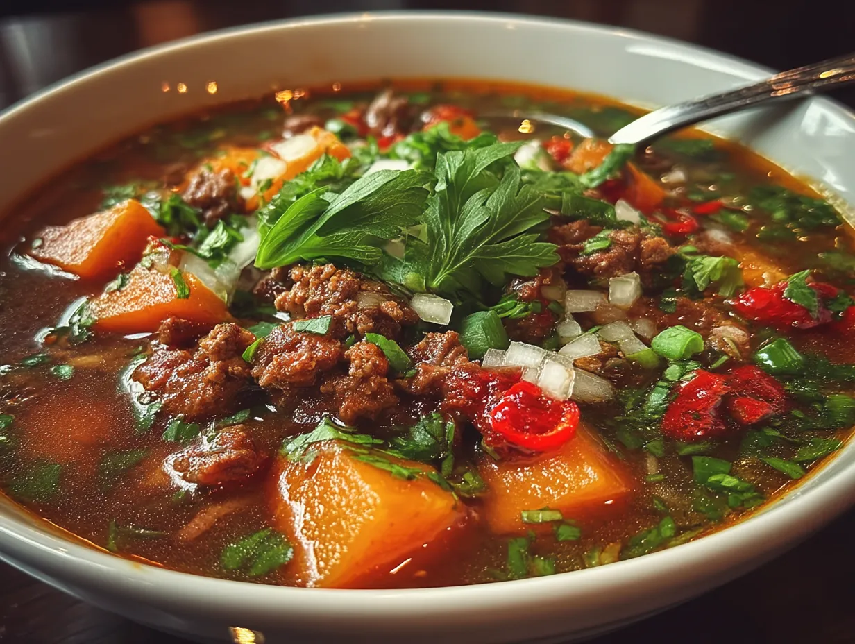 Serving Spicy Minced Beef and Sweet Potato Puchero Soup