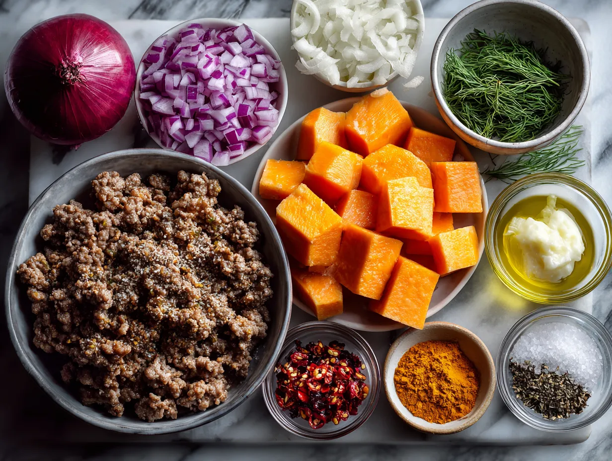Ingredients for Spicy Minced Beef and Sweet Potato Puchero Soup