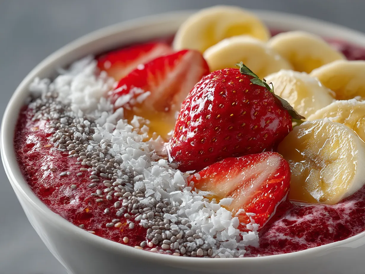 Served Strawberry Banana Chia Smoothie Bowl topped with granola and fresh bananas