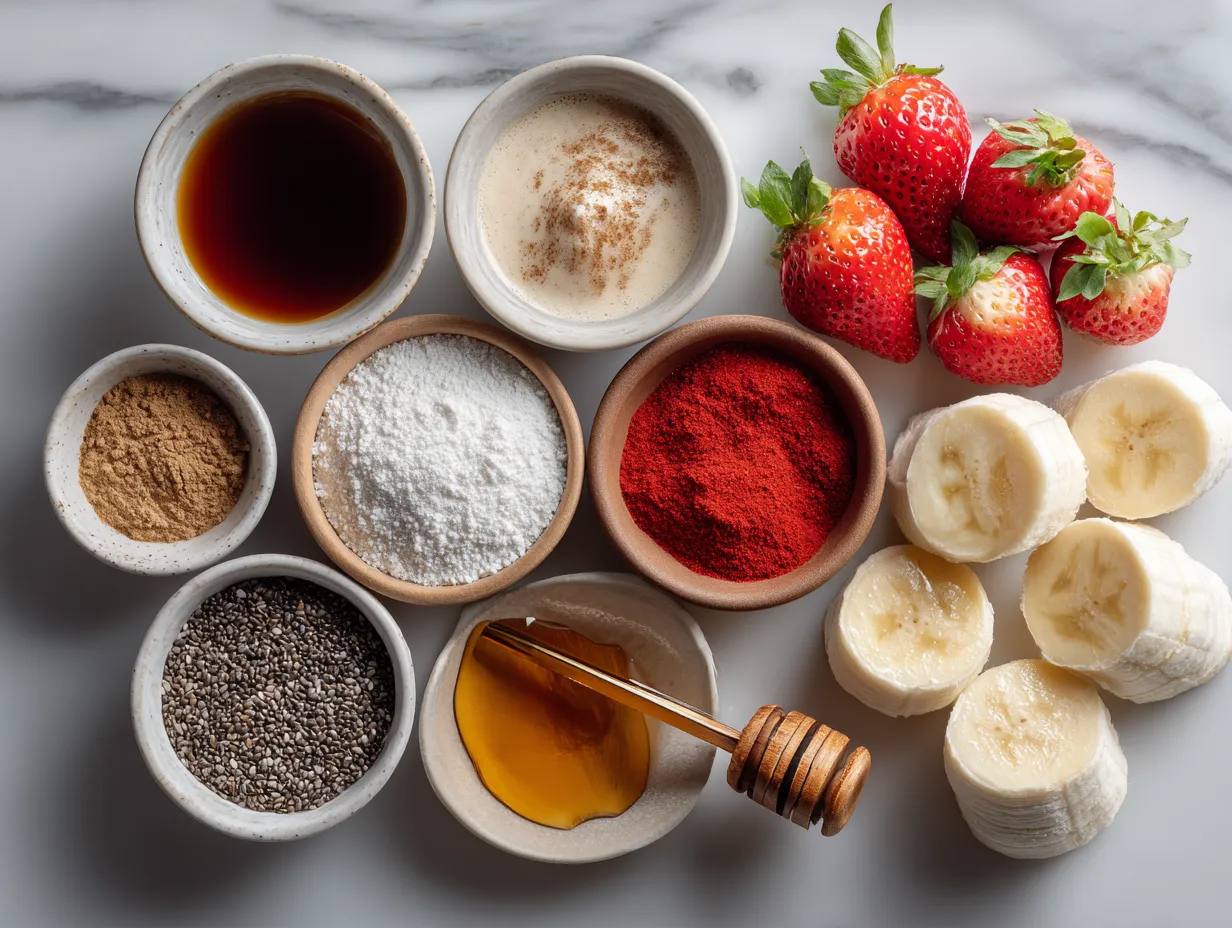 Ingredients for Strawberry Banana Chia Smoothie Bowl laid out on a light surface including strawberries, bananas, chia seeds, plant-based milk, yogurt, and honey