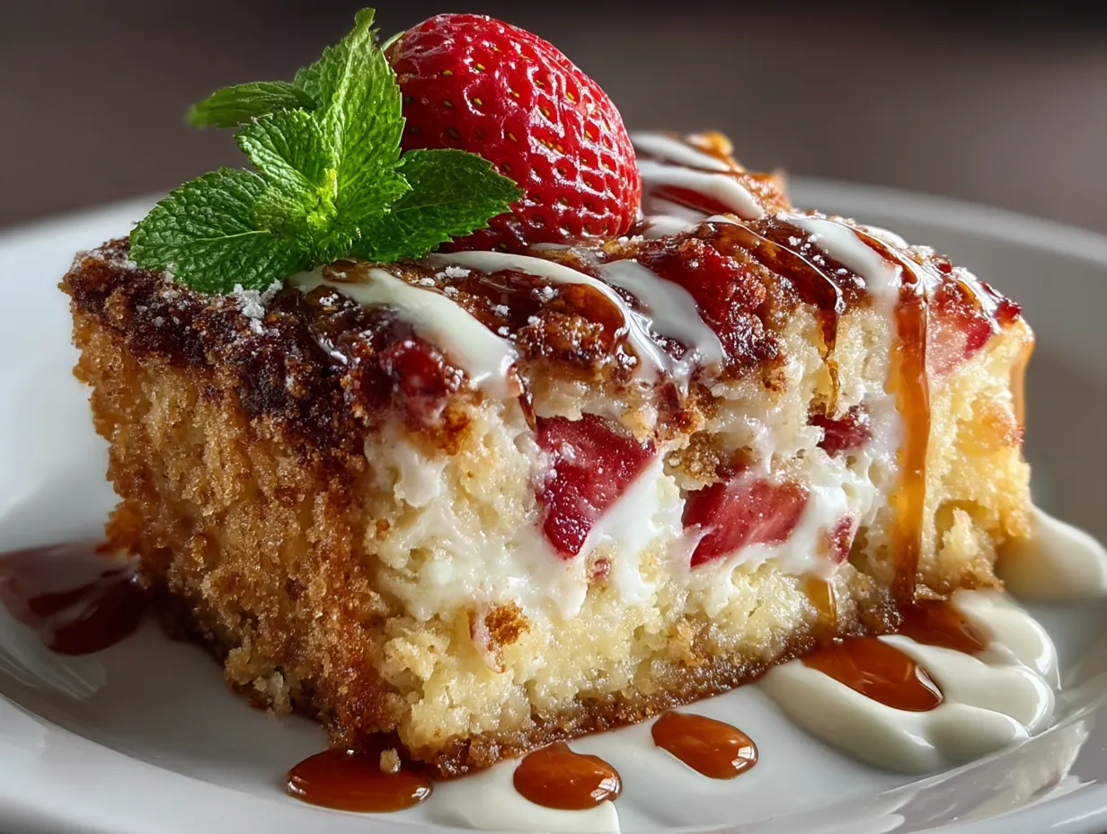 Serving suggestion for Strawberry Earthquake Cake garnished with fresh strawberries and chopped nuts