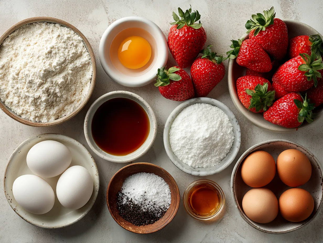 Ingredients for Strawberry Earthquake Cake including cake mix, cream cheese, butter, strawberries, nuts, eggs, and vanilla