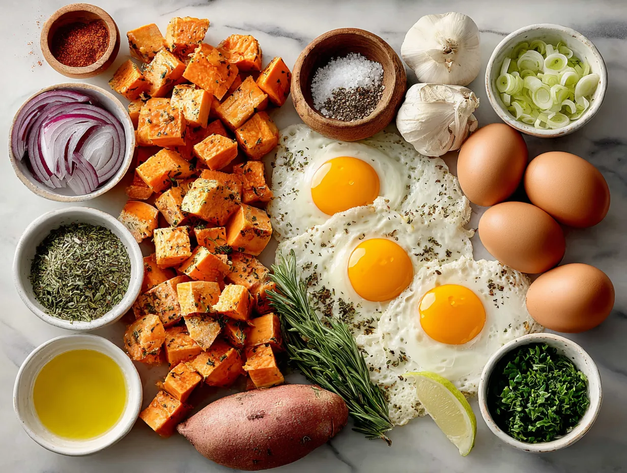Ingredients for Sweet Potato Breakfast Hash laid out neatly on a kitchen counter
