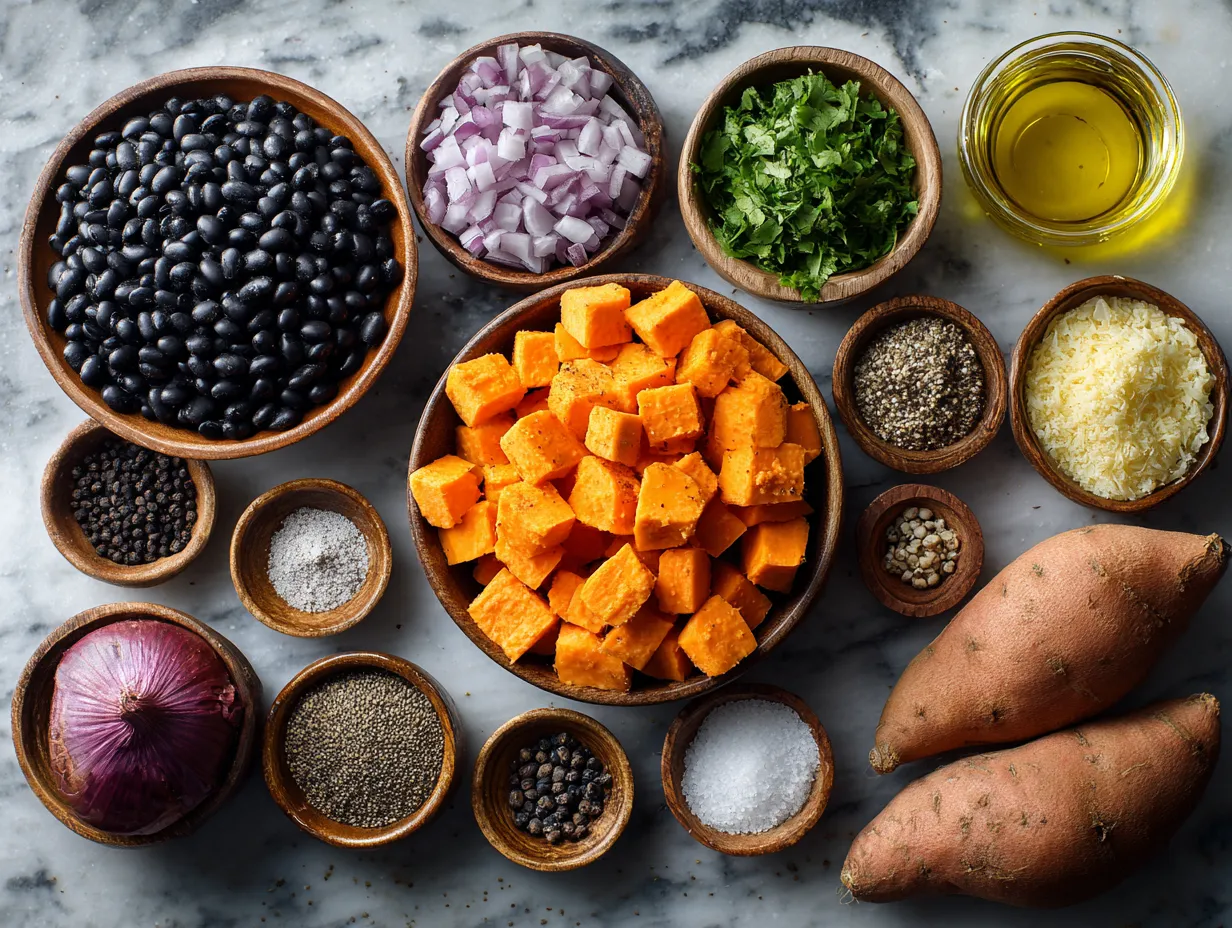 Ingredients for Sweet Potato Dinner Bowl with Black Beans on a kitchen counter