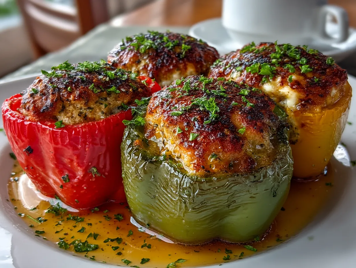 A plated Turkey Stuffed Bell Pepper with a garnish of fresh herbs and side salad