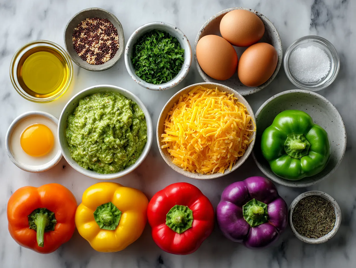 Ingredients laid out for Turkey Stuffed Bell Pepper including bell peppers, ground turkey, rice, onion, tomatoes, and cheese