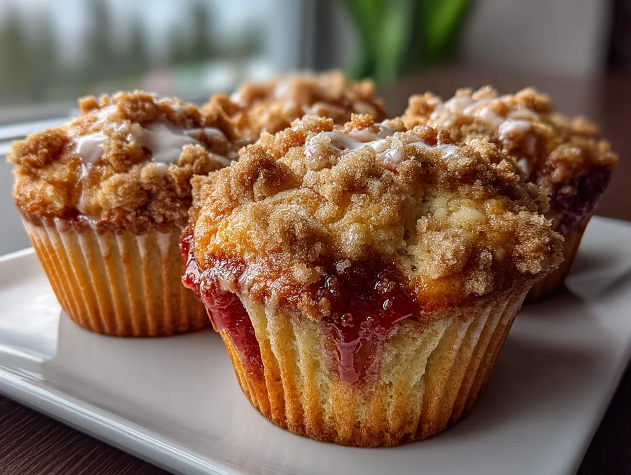 Upside Down Rhubarb Muffins with Cinnamon Streusel served warm and ready to enjoy