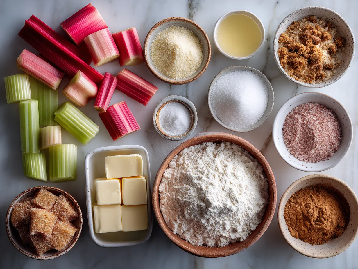 Ingredients laid out for Upside Down Rhubarb Muffins with Cinnamon Streusel