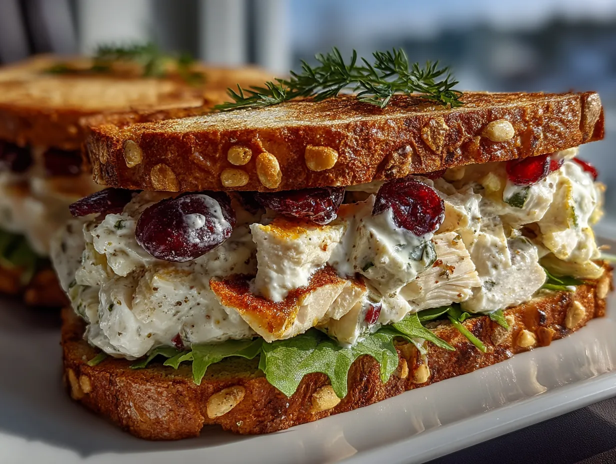 Waldorf Chicken Salad Sandwich served with fresh vegetables and chips