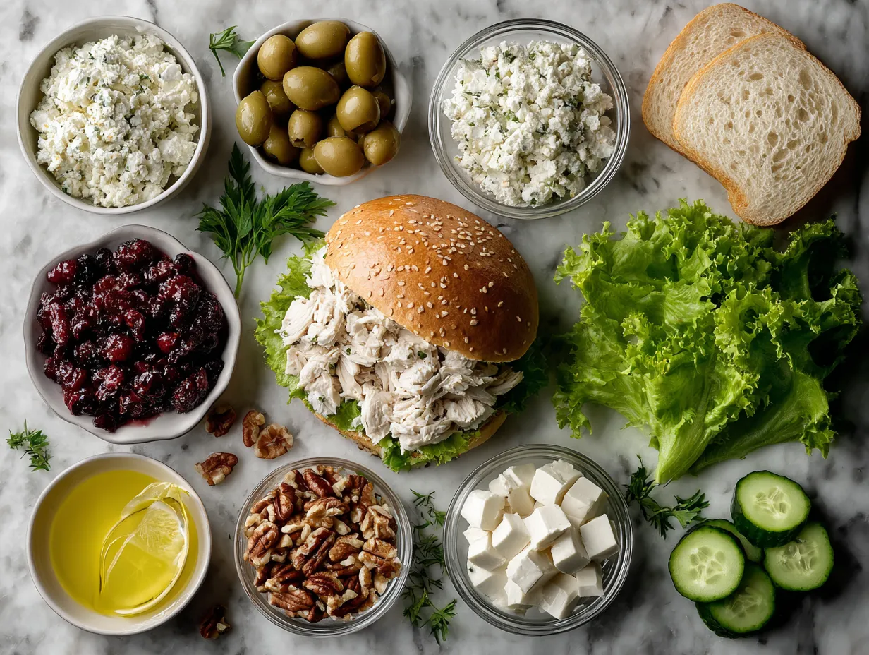 Ingredients laid out to prepare Waldorf Chicken Salad Sandwich
